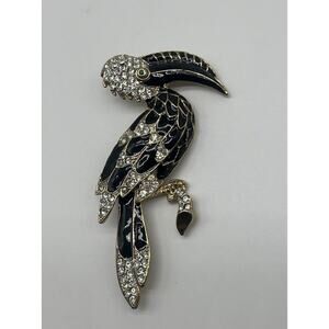 Vintage CRAFT Pave Toucan Bird Brooch Pin Black Gold Rhinestones 3.25”H